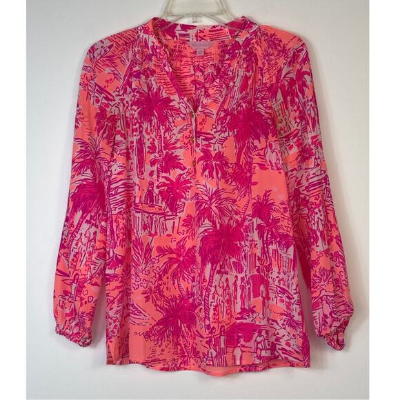 Lilly Pulitzer Elsa Silk Top Rule Breakers Print V Neck Long Sleeve XXS Resort - Picture 3 of 10